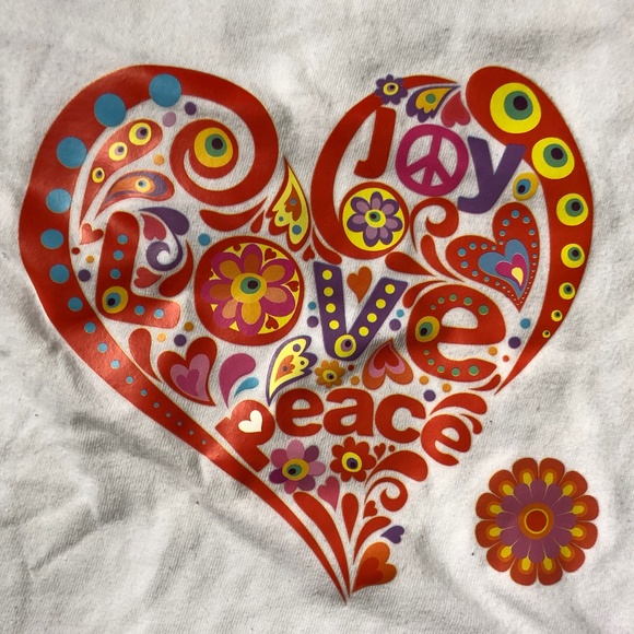 Peace/Love/Joy-Upcycled Cotton Tee with New Hippie Graphic Art - Picture 1 of 3